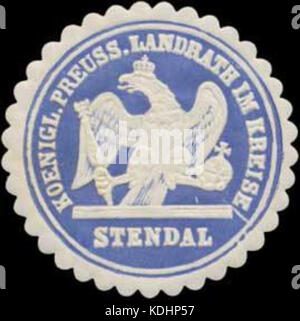 Dies bezieht sich auf eine historische Siegelmarke aus dem Landkreis Stendal, bekannt für ihre historische Rolle in der lokalen Verwaltung und Verwaltung im 19. Jahrhundert. Stockfoto