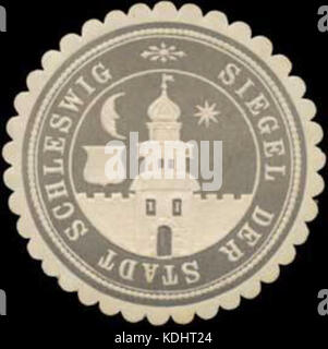Eine historische Siegelmarke aus der Stadt Schleswig, die von den Behörden der Stadt als amtliches Zeichen verwendet wurde. Das Siegel repräsentiert die rechtlichen und administrativen Praktiken der damaligen Zeit und hebt die Regierungsführung und die offizielle Dokumentation der Stadt hervor. Stockfoto