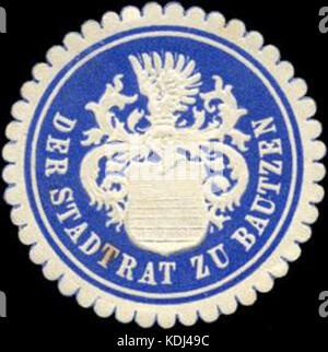 Dieser Titel bezieht sich auf eine historische Siegelmarke des Stadtrates Bautzen. Das Siegel ist wahrscheinlich ein offizielles Dokument oder eine Korrespondenz aus Bautzen, die die bürgerliche Geschichte zeigt. Stockfoto