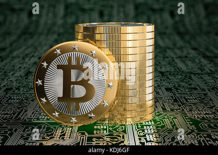 Golden Bitcoin auf Platine Layout - 3D-Rendering Stockfoto