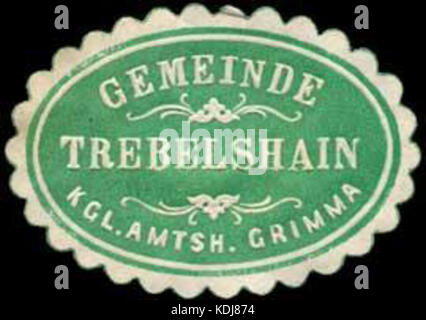 Dieser Titel bezieht sich auf eine Siegelmarke aus der Gemeinde Trebelshain, die zur Königlichen Bezirksverwaltung Grimma gehört. Es handelt sich um eine amtliche Marke, die für Verwaltungszwecke im historischen Deutschland verwendet wird. Stockfoto