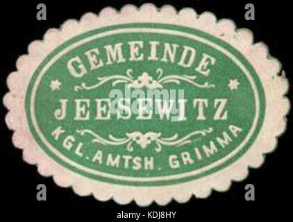 Dies ist eine historische Siegelmarke aus der Gemeinde Jeesewitz, Teil der Kgl. Amtshauptmannschaft Grimma in Deutschland. Es handelt sich um Verwaltungsdokumente aus dem Zeitraum, die zur Beglaubigung amtlicher Papiere verwendet werden. Stockfoto