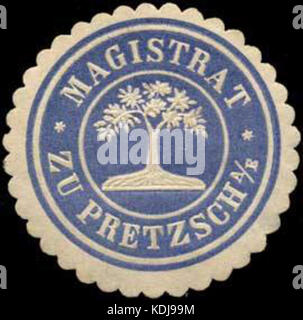 Dieser Titel bezieht sich auf eine Siegelmarke aus dem Magistrat Pretzsch, einer Stadt an der Elbe in Deutschland. Das Siegelzeichen wurde für amtliche Unterlagen verwendet, oft zu rechtlichen oder administrativen Zwecken. Stockfoto