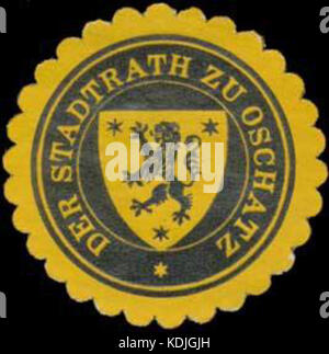 Es handelt sich um ein historisches Siegelzeichen des Stadtrath von Oschatz, einer Stadt in Deutschland, die wahrscheinlich Anfang des 19. Jahrhunderts für amtliche Urkunden oder Mitteilungen verwendet wurde. Stockfoto
