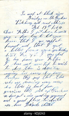 Brief unterzeichnet David T. Massey, in Camp am Black River Brücke auf der Jackson Vicksburg Eisenbahn, Fräulein, um zu seinem Vater (Nathan Massey), 19. Februar 1864 Stockfoto