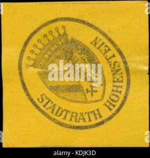 Dieser Titel bezieht sich wahrscheinlich auf ein Siegel oder Zeichen aus dem Stadtrath von Hohenstein, das ein offizielles Dokument oder einen Gegenstand im Zusammenhang mit der Stadtverwaltung angibt. Die Nummer kann sich auf eine Archivierungs-ID für ein bestimmtes Stück beziehen. Stockfoto