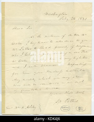 Dieser historische Brief, unterzeichnet von Spencer D. Pettis am 24. Februar 1831 in Washington, wurde an General William H. Ashley gerichtet. Es bietet Einblicke in Korrespondenz und politische Kommunikation des frühen 19. Jahrhunderts in den Vereinigten Staaten. Stockfoto