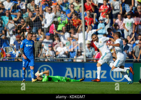 Getafe, Spanien. 14 Okt, 2017. benzema während des Spiels zwischen Getafe CF vs Real Madrid, Woche 8 von La Liga 2017/18 im Coliseum Alfonso Perez getafe Madrid. 14. Oktober 2017 Credit: gtres información más comuniación auf Linie, s l/alamy leben Nachrichten Stockfoto