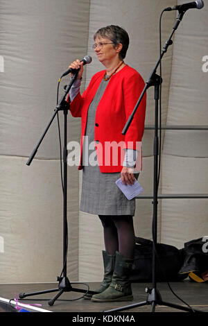 Bristol, UK. 14. Oktober, 2017. Molly Scott Cato, die Grünen, Mdep für Süd-west England und Gibraltar, spricht auf eine anti-Brexit Rallye auf College Green im Zentrum der Stadt. Die Kundgebung wurde von der Pro-EU-druck Gruppe Bristol für Europa organisiert die Europäische Parlamentarische Wahlkreis Süd-west England und Gibraltar zu feiern, und die Vorteile, die Sie fühlen sich die Region genießt als Folge der Mitgliedschaft Großbritanniens in der EU. Credit: Keith Ramsey/Alamy leben Nachrichten Stockfoto