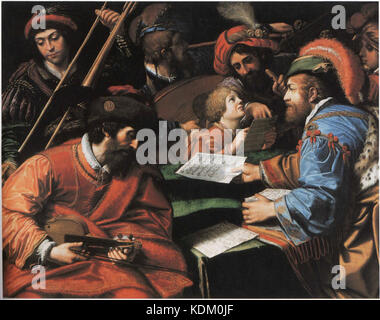 Lionello Spadas „Konzert“ (ca. 1615) zeigt Musiker, die sich vor einer Aufführung vorbereiten, wobei der Dirigent Partituren verteilt, während die Musiker ihre Instrumente stimmen. Das Gemälde spiegelt Caravaggios Einfluss durch seinen naturalistischen Stil und die detaillierte Darstellung des zeitgenössischen gesellschaftlichen Lebens wider. Stockfoto