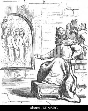 Dieses Bild zeigt die biblische Geschichte von Sadrach, Mesach und Abednego, die in einen Feuerofen geworfen wurden, weil sie sich weigerten, ein Götzenbild anzubeten. Ihr wundersames Überleben ist ein wichtiger Moment im Buch Daniel. Stockfoto