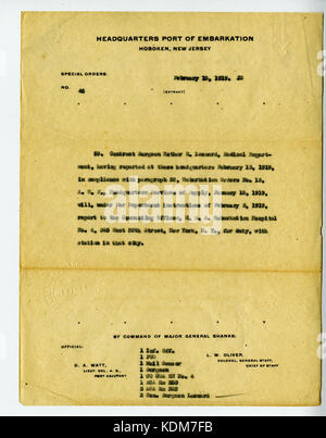 Special Orders No. 46, ausgestellt am 15. Februar 1919 vom Hafen der Einschiffung in Hoboken, New Jersey, beschreibt militärische Bewegungen und logistische Vorkehrungen während der Zeit nach dem Ersten Weltkrieg. Stockfoto