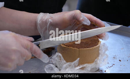 Zubereitung handgemachte Schokoladenbonbons, Nahaufnahme. Süßwarenfabrik. Herstellung von Süßwaren. Gebäck, Marshmallows, Süßigkeiten. Frauen backen Kuchen. Konditoreien bereiten Desserts zu Stockfoto