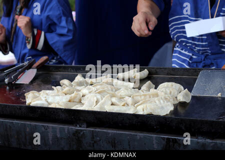 Asiatische Knödel, auf einer heissen Platte zubereitet Stockfoto