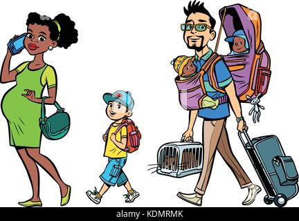Multi-ethnische Reisende mit Familie, Mama, Papa und Kinder. Eine schwangere Frau und fürsorglichen Mann. Tour mit Tieren und Kindern. Hand gezeichnete Illustration cartoon pop Stock Vektor