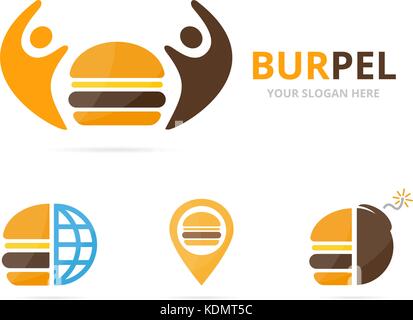 Satz von Burger logo Kombination. Hamburger und Familie Symbol. Einzigartige Fastfood und Union, Hilfe, verbinden, Team Logo Design Template. Stock Vektor