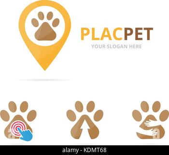 Einstellen der Paw logo Kombination. pet und gps-locator Symbol. Einzigartige Tierarzt und Pin Logo Design Template. Stock Vektor