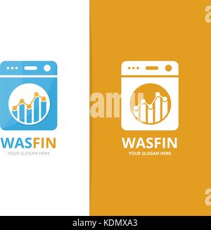 Der Vektor der Wäsche- und Grafik logo Kombination. Waschmaschine und Finanzen Symbol. einzigartige Scheibe und Grafik logo Design Template. Stock Vektor