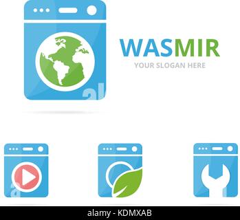 Der Wäscheservice logo Kombination. Waschmaschine und Planet Symbol. einzigartige Scheibe und Erde Logo Design Template. Stock Vektor