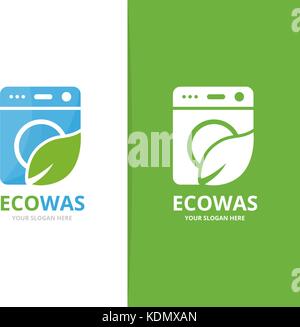 Der Vektor der Wäsche- und Leaf logo Kombination. Waschmaschine und eco Symbol. einzigartige Scheibe und organische Logo Design Template. Stock Vektor