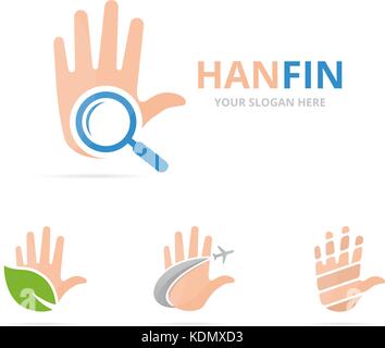 Satz von Hand logo Kombination. arm und Vergrößerungsglas-Symbol oder Icon. Einzigartige Unterstützung und Suche Logo Design Template. Stock Vektor
