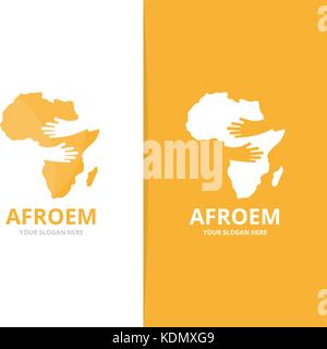 Vektor Afrika und Hände logo Kombination. Safari und umarmen Symbol. einzigartige Geographie, Kontinent und Hug Logo Design Template. Stock Vektor