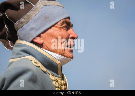 Bailen, Provinz Jaen, SPANIEN - 5. oktober 2008: Französischer Soldat auf dem Pferd, der feindliche Truppen angreift, um an die Schlacht von Bailen, Jaen, zu erinnern Stockfoto