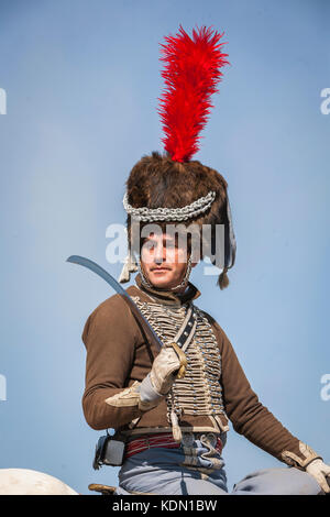 Bailen, Provinz Jaen, SPANIEN - 5. oktober 2008: Französischer Soldat auf dem Pferd, der feindliche Truppen angreift, um an die Schlacht von Bailen, Jaen, zu erinnern Stockfoto