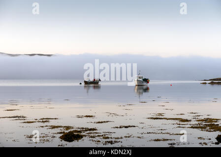 Fischerboote in der Morgendämmerung Nebel am Port na croisg auf Loch Sunart Stockfoto