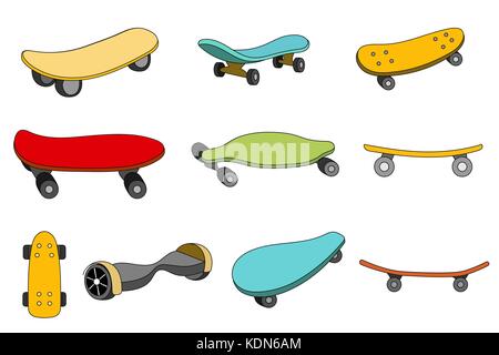 Set aus bunten Skateboards. Designelemente auf weißem Hintergrund. Vector Illustration Stock Vektor