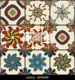 Keramische Fliesen set glasiert. Bunt vintage Fliesen mit floralen und geometrischen Mustern, spanischen, italienischen, portugiesischen und orientalischen Motiven. Stock Vektor