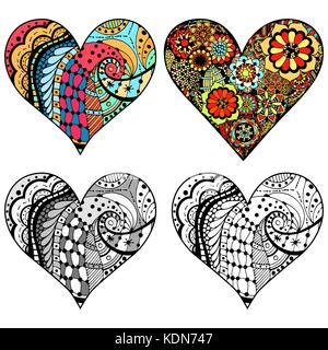 Set hand Herzen in zentangle Stil gezeichnet. Muster für das Malbuch. Färbung Seite für Erwachsene Anti stress. von Trace von der Skizze gemacht. Valentinstag b Stock Vektor
