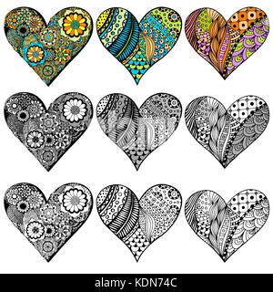 Set hand Herzen in zentangle Stil gezeichnet. Muster für das Malbuch. Färbung Seite für Erwachsene Anti stress. von Trace von der Skizze gemacht. Valentinstag b Stock Vektor