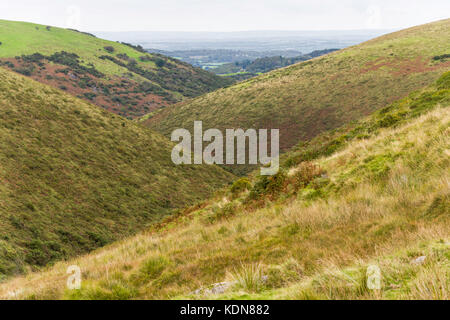 Überlappende Täler, die von Vellake Brook und dem West Okement River gebildet werden, während sie in den Meldon Reservoir im nördlichen Dartmoor, Devon, England, Großbritannien, fließen. Stockfoto