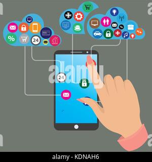 Mobile App, menschliche Hand berühren Bildschirm von Smart Phone, Vector Illustration. Stock Vektor