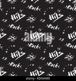 Hand gezeichnete Skizze mit Noten und Musik Stile Schriftzug Zeichen, Vector Illustration auf schwarzem Hintergrund Stock Vektor