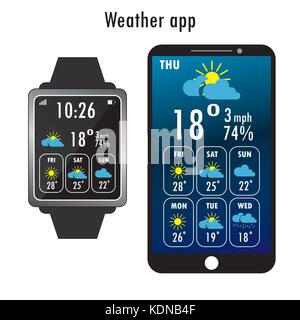 Smartphone und smart Watch mit Wetter App auf dem Bildschirm. Flaches Design Template für mobile Apps, Vektor, Abbildung Stock Vektor