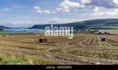 Munlochy Bucht bei Munlochy auf der Halbinsel Black Isle Highland Schottland Großbritannien mit Heuballen auf einem sonnigen Herbsttag Stockfoto