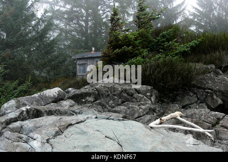 Kabine im Nebel - Sooke, BC, Kanada Stockfoto