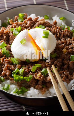 Rindfleisch soboro mit Ei Pochierte, Reis und grüne Zwiebel close-up in eine Schüssel. Vertikale Stockfoto