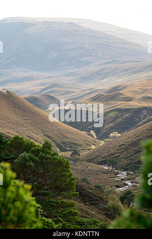 Herbst die Sonne über die Berge und Lairig Ghru Pass, der durch die Rothiemurchus Estate Pässe, Cairngorms National Park, Schottland Stockfoto