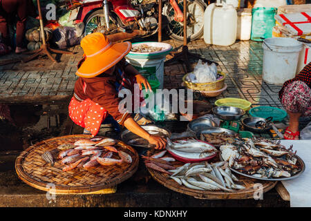 Nha Trang, Vietnam - am 14. Juli 2016: vietnamesische Frau verkauft Fisch am Morgen Markt in Nha Trang, Vietnam am 14. Juli 2016. Stockfoto