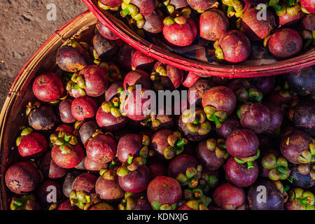 Ein Korb mit mangosteen Früchte auf einem Straßenmarkt, Vietnam Stockfoto