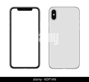 Neue moderne weiße Smartphones wie iPhone X mockup Vorder- und Rückseite auf weißem Hintergrund. Stockfoto