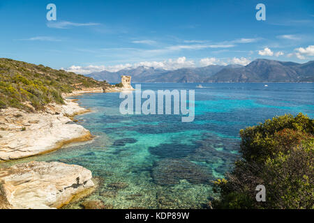 Ruinen der genuesische Turm bei mortella mit einem türkisblauen Mittelmeer und felsigen Küste der Desert des Agriates in der Nähe von St Florent in Korsika wi Stockfoto