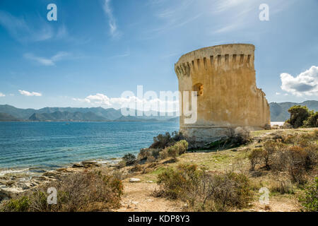 Ruinen der genuesische Turm bei mortella neben dem Mittelmeer an der felsigen Küste der Wüste des in der Nähe von St Florent in Korsika agriates Stockfoto