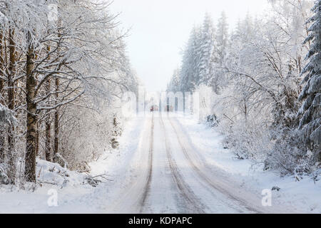 Zwei Autos auf einem schmalen Weg in den wald winter Stockfoto