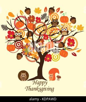 Vector Illustration eines Thanksgiving baum Karte mit Tieren und Eulen Stock Vektor