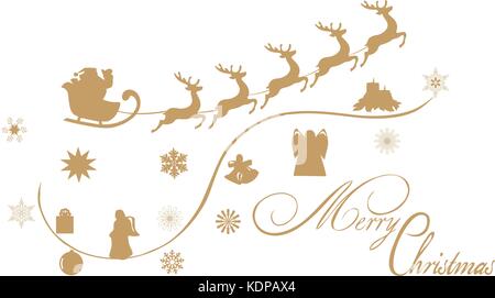 Vector Illustration von Santa Claus fliegen mit Rentier und Weihnachten Symbole Weihnachtskarte. Stock Vektor