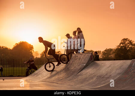 Skateboarder, BMX und Roller Fahrer bei einem städtischen Skatepark in London, da die Sonne untergeht Stockfoto